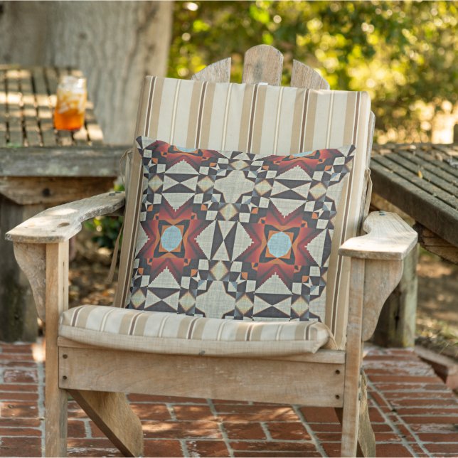 Brown Red Ivory Terracotta Orange Blue Tribal Art Kudde (Stol)