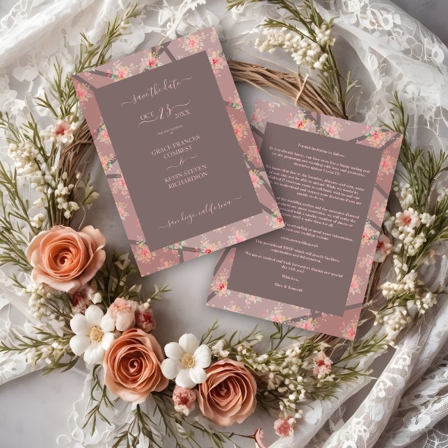 Brown Romantic Floral Stained Glass Effect Spara Datumet (Brown Romantic Floral Stained Glass Effect Save the Date Card with Envelope. )