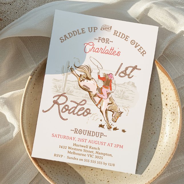 Brown Rosa Cowgirl First Rodeo 1st Birthday Inbjudningar (Girls First Rodeo Birthday Invitation, Cowgirl First Rodeo 1st Birthday Invitation, Horse Western)