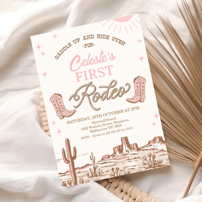 Brown Rosa Cowtjejer Boots First Rodeo 1:a födelse Inbjudningar (First Rodeo Birthday Invitation Card, Cowgirl 1st Birthday Invitation Rodeo Template, Pink Western)
