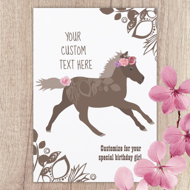 Brown, Rosa Galloping Pony, Flickans Födelsedagsfe Inbjudningar (brown pony wearing pink roses on head and tail pony ride birthday party invitation)