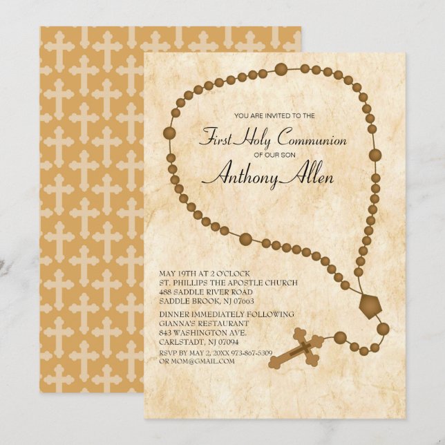 Brown Rosary Pärlor First Heliga Communion Inbjudningar (Fram/baksida)