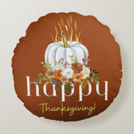Brown Rustic Happy thanksgiving Blommigt Pumpkin Rund Kudde