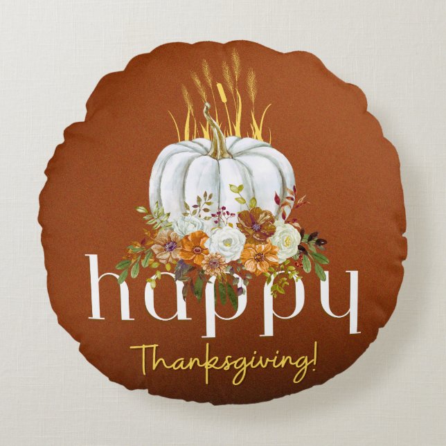 Brown Rustic Happy thanksgiving Blommigt Pumpkin Rund Kudde (Framsidan)
