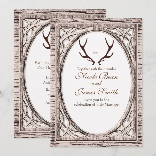 Brown Rustic Hjort Antlers White Wood-inbjudan Inbjudningar (Fram/baksida)
