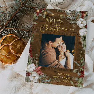 Brown Rustic-jul   Winter-Blommigt och foto Julkort
