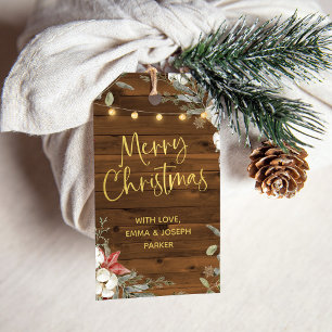 Brown Rustic-jul   Winter Blommigt och Guld Presentetikett