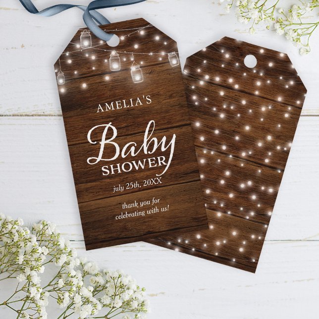 Brown Rustic Wood Mason Burk Ljus Baby Shower Presentetikett (Skapare uppladdad)