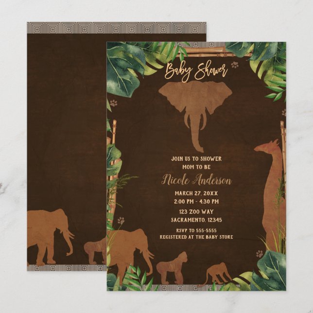 Brown Safari Jungle Zoo Animals Baby Shower Inbjudningar (Fram/baksida)