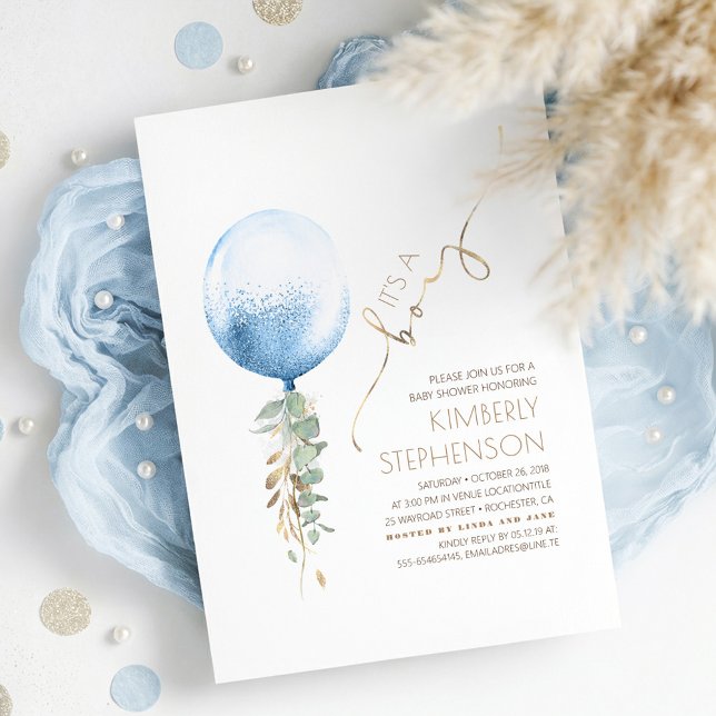 Brown Sage Grönt och Blue Boy Baby Shower Inbjudningar (Whimsical Cute Light Blue Balloon and Gold Baby Boy Baby Shower Invitation)
