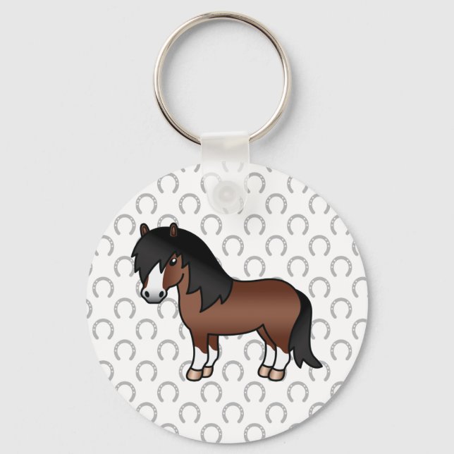 Brown Shetland Pony Cute Tecknad Illustration Nyckelring (Framsida)