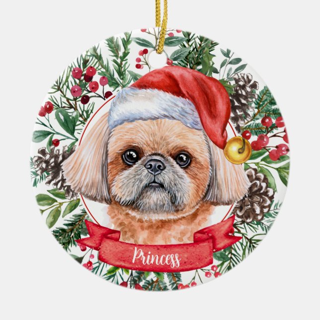Brown Shih Tzu Anpassningsbar Santa Hund jul Ornam Julgransprydnad Keramik (Framsidan)