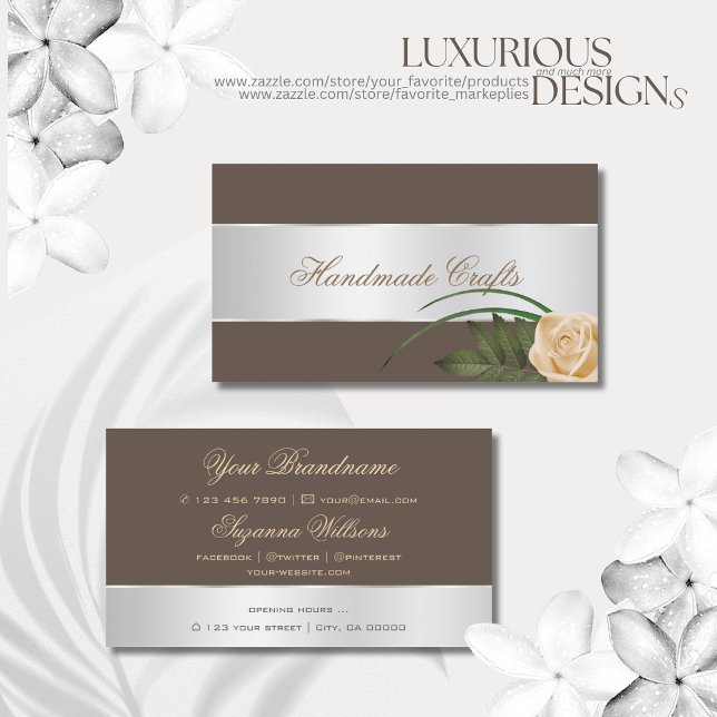 Brown Silver Decor Cute Ro Flower Elegant Blommigt Visitkort (Skapare uppladdad)