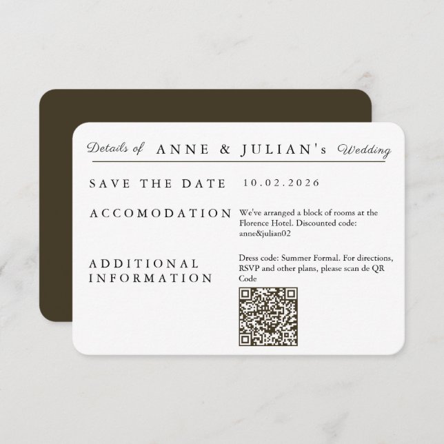 Brown Simple Wedding Invitation Details Card OSA Kort (Fram/baksida)