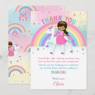 Brown Skin Princess och Rainbow Unicorn Birthday Tack Kort