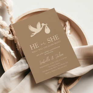 Brown Stork Baby Delivery Han eller hon Gender Rev Inbjudningar