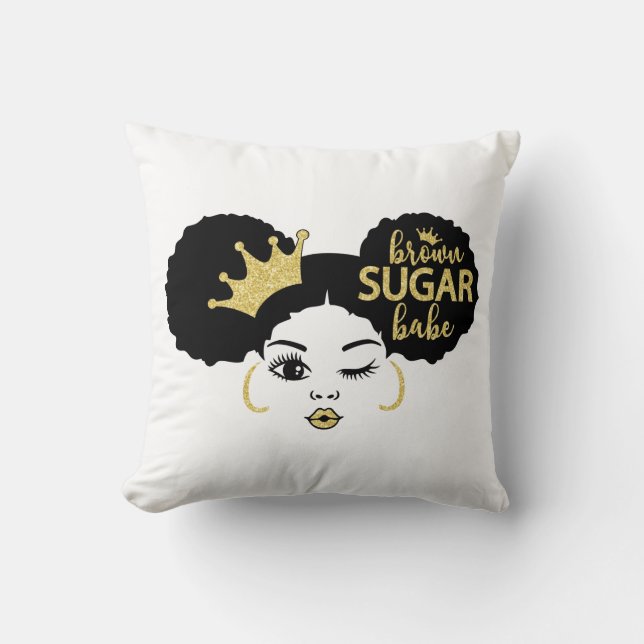 Brown Sugar Babe in Black och Guld Kudde (Framsida)