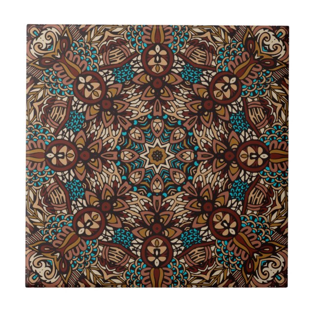 Brown, Teal & Beige Earthy Rustic Boho Mandala Kakelplatta (Framsidan)
