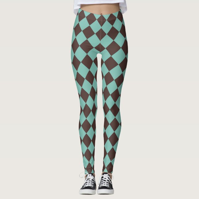 Brown Teal Checker Diamond Mönster Leggings (Framsida)