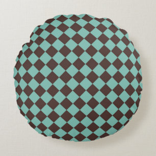 Brown Teal Checker Diamond Mönster Rund Kudde