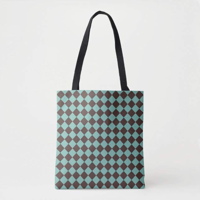 Brown Teal Checker Diamond Mönster Shoulder Tygkasse (Framsida)