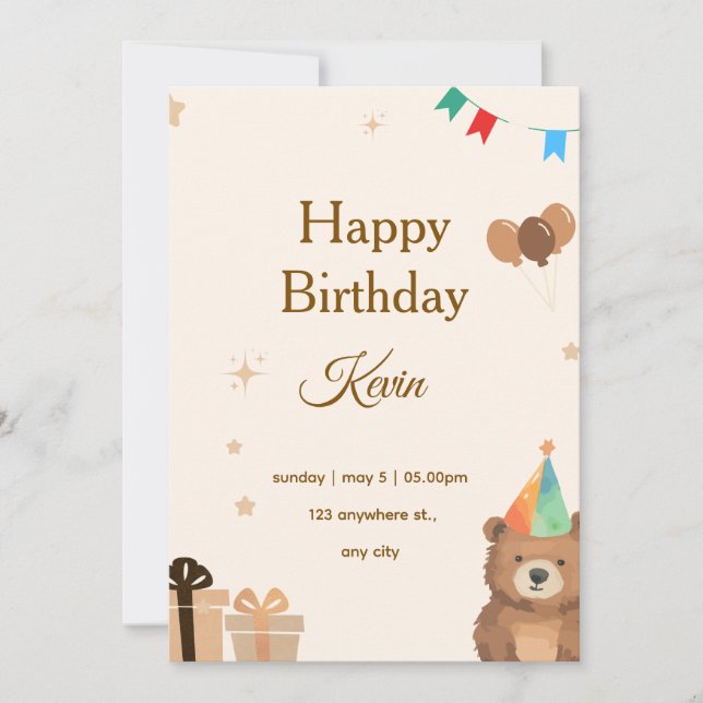 Brown Teddy Bear Birthday Invitation,Cute Neutral  Inbjudningar (Framsida)