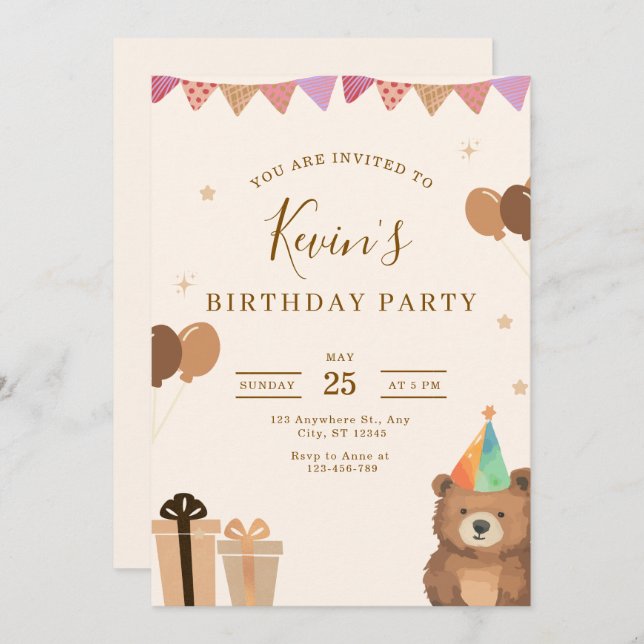 Brown Teddy Bear Birthday Invitation, Cute Neutral Inbjudningar (Fram/baksida)