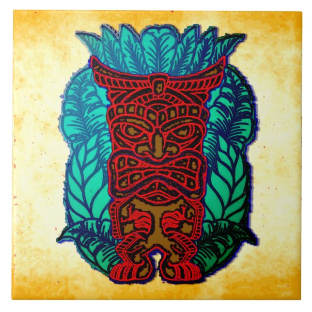 Brown Tiki på Orange Grungy Background Kakelplatta (Framsidan)