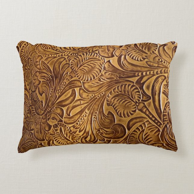 Brown Tooled Faux Leather Prydnadskudde (Framsidan)