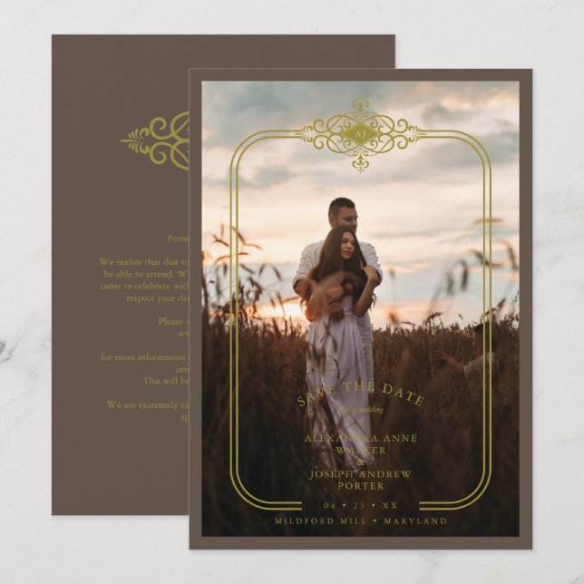 Brown Trendy Lace Flourish Initials Wedding Photo Spara Datumet (Fram/baksida)