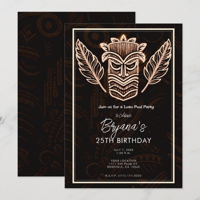 Brown Tropical Vintage Tiki Födelsedagsfest Inbjudningar (Fram/baksida)