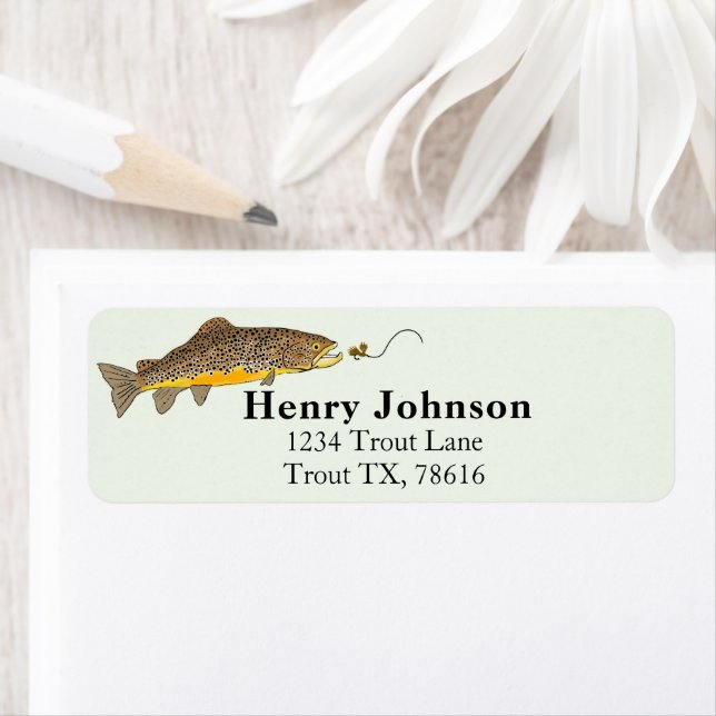 Brown Trout Fly Fishing Graphic Brown Design Returadress Etikett (Insitu)