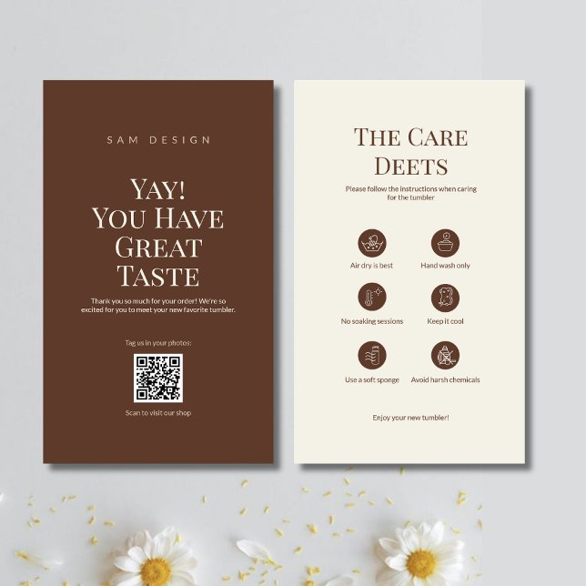 Brown Tumbler Care Card Instruction Insert QR Code Visitkort (Skapare uppladdad)