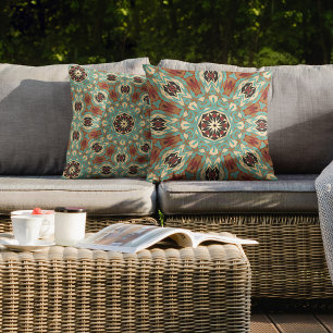 Brown Turcos Red Orange Mandala Tribal Art Kudde