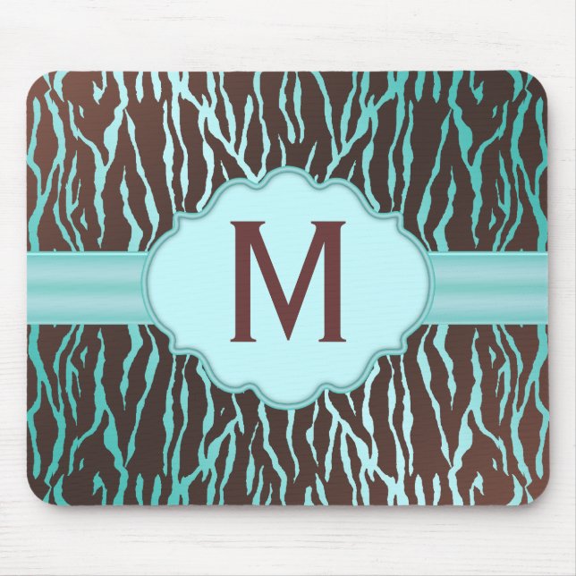 Brown & Turcouise Zebra ränder Monogram Mousepad Musmatta (Framsidan)