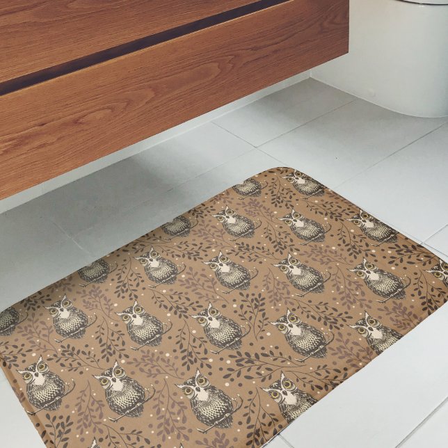 Brown Uggla Illustrated Woodland Mönster Badrumsmatta (Owl Pattern Bath Mat)