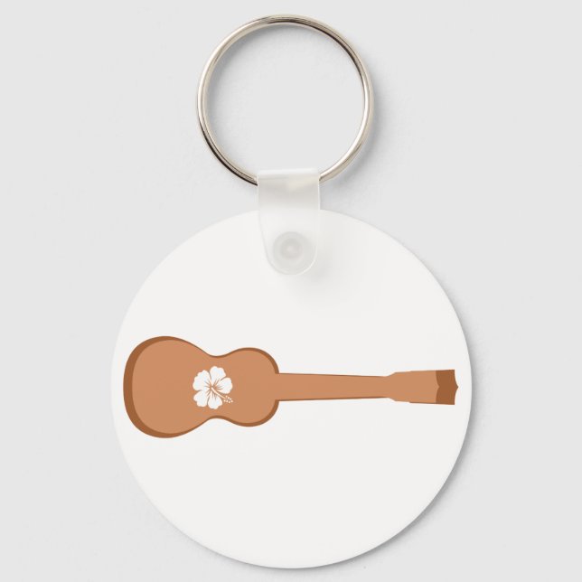 Brown Ukulele och white hibiscus Nyckelring (Framsida)