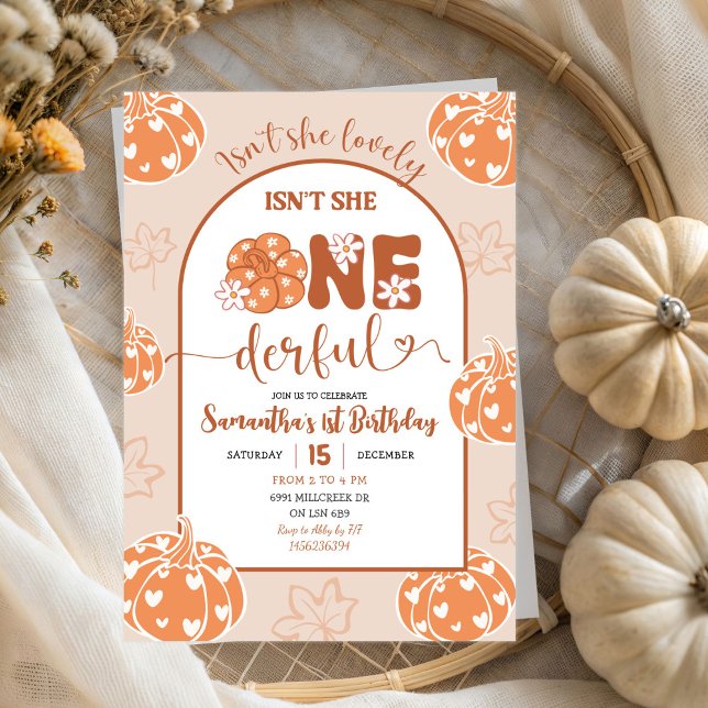 Brown Whimsical Retro Pumpkin Onederfull Birthday Inbjudningar (Skapare uppladdad)