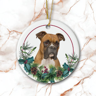 Brown White Boxer Hund Evergreen Wand Julgransprydnad Keramik
