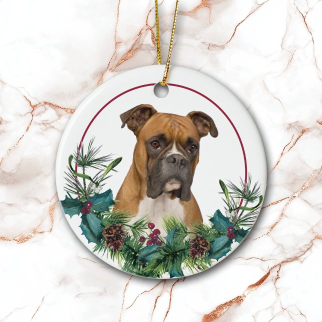 Brown White Boxer Hund Evergreen Wand Julgransprydnad Keramik (Skapare uppladdad)