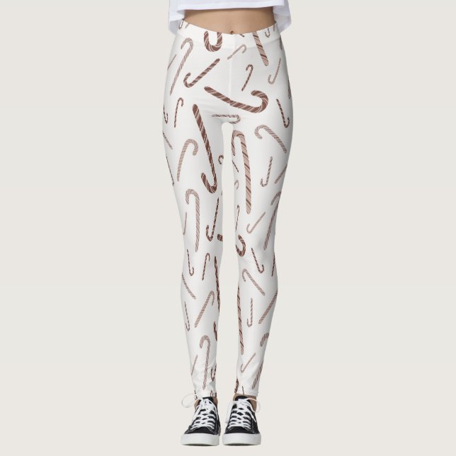 Brown & White Candy cane Mönster Leggings (Framsida)
