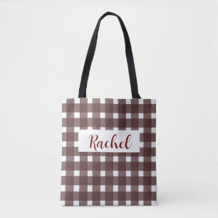 Brown White Gingham Personlig Tote Bag Tygkasse