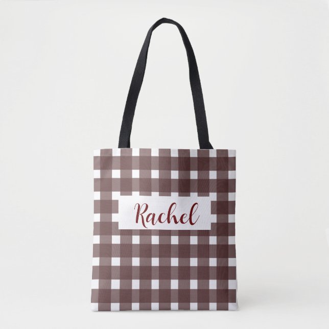 Brown White Gingham Personlig Tote Bag Tygkasse (Framsida)