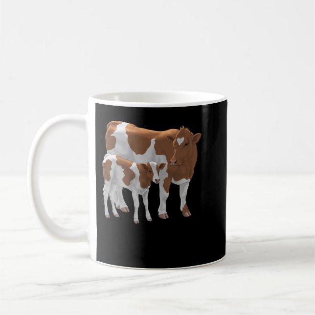 Brown & White Guernsey Cow & Cute Calf Cattle Farm Kaffemugg (Vänster)