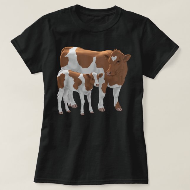 Brown & White Guernsey Cow & Cute Calf Cattle Farm T Shirt (Design framsida)