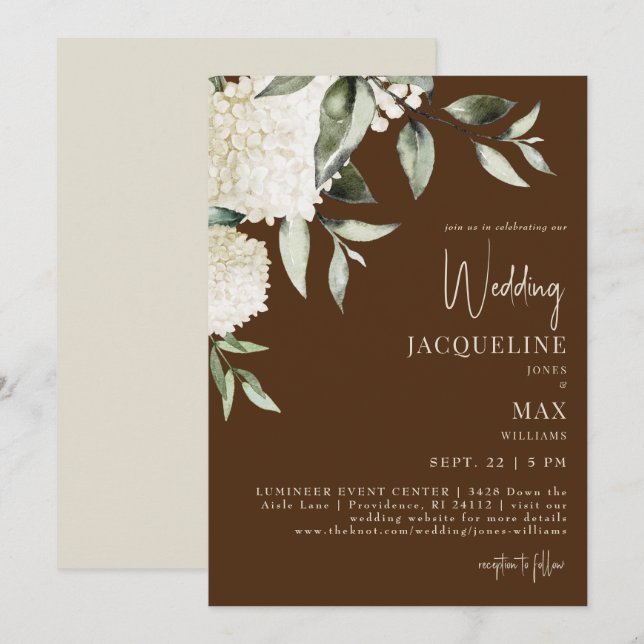 Brown White Hydrangeas Bröllop Inbjudningar (Fram/baksida)