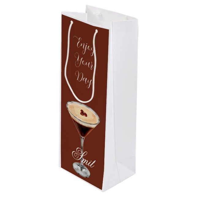 Brown & White Retro Minimalist Wine Gift Bag (Framsidan Vinklad)