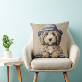 BROWN & WHITY SHAGGY HUND MED BLÅHAT KUDDE