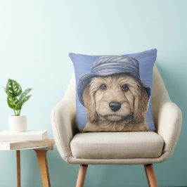 BROWN & WHITY SHAGGY HUND MED BLÅHAT KUDDE