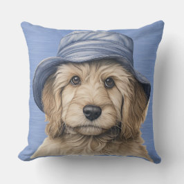 BROWN & WHITY SHAGGY HUND MED BLÅHAT KUDDE